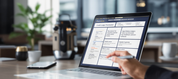 Finance professional reviewing overdue invoices and accounts receivable workflow for Commercial Debt Collection for Business Cash Flow