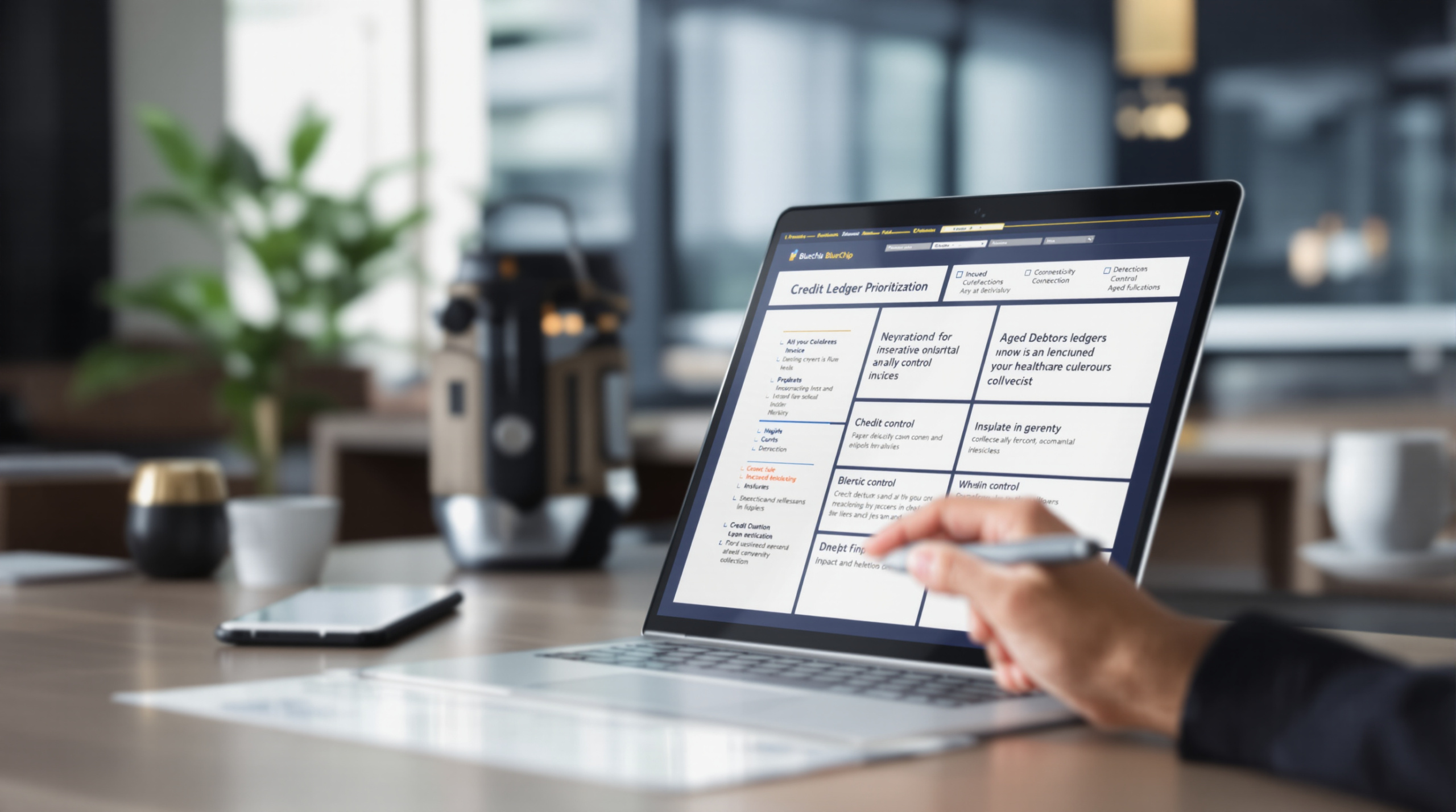 Finance professional reviewing overdue invoices and accounts receivable workflow for Commercial Debt Collection for Business Cash Flow